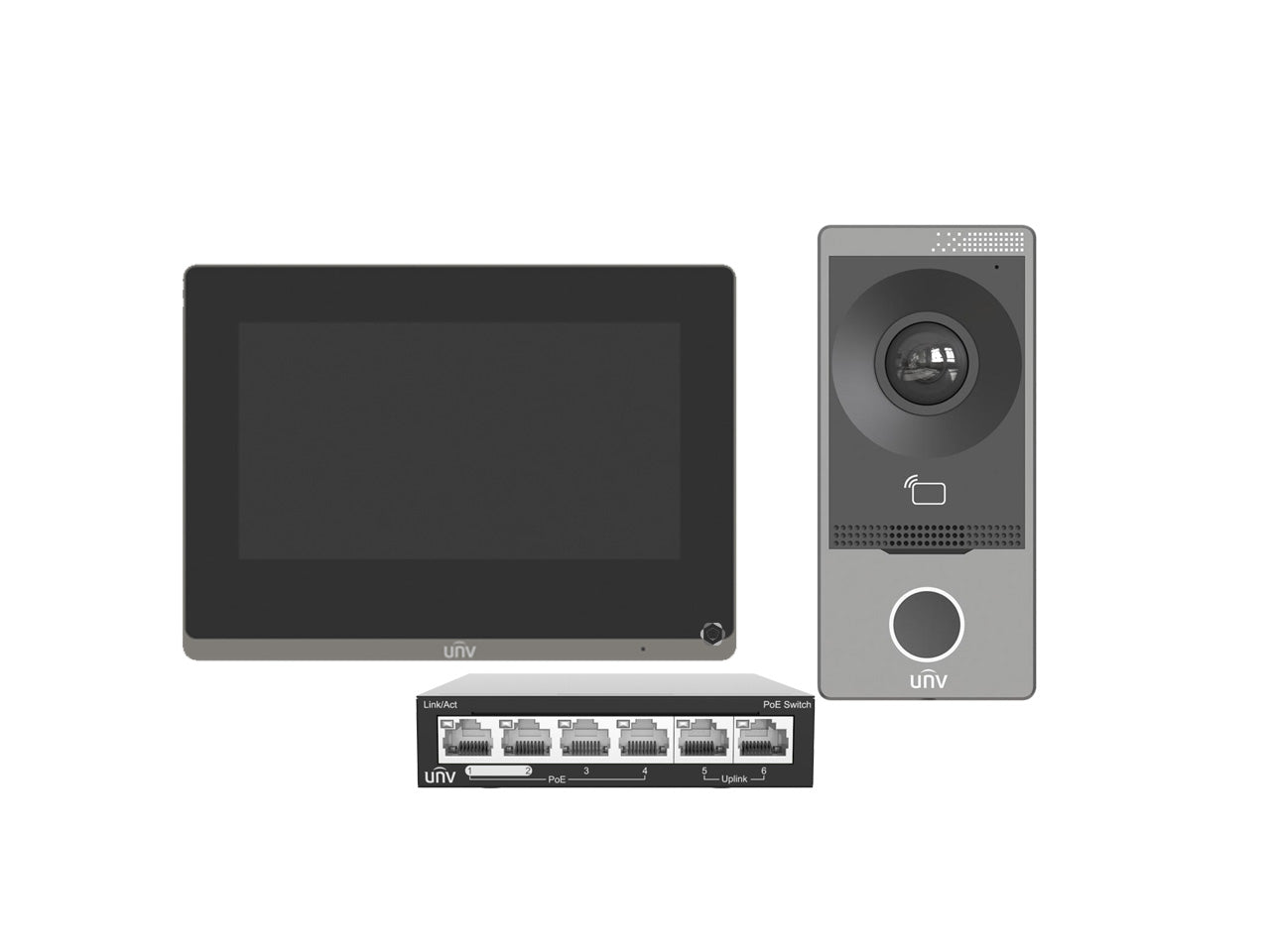 UNV intercom systeem, set met binnen-, buitenpost en switch